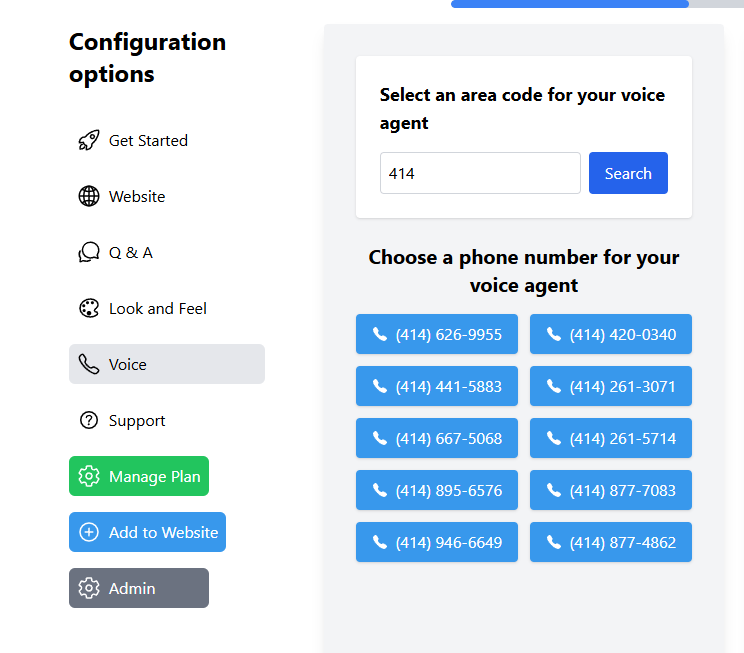 Select a phone number for your AI voice agent
